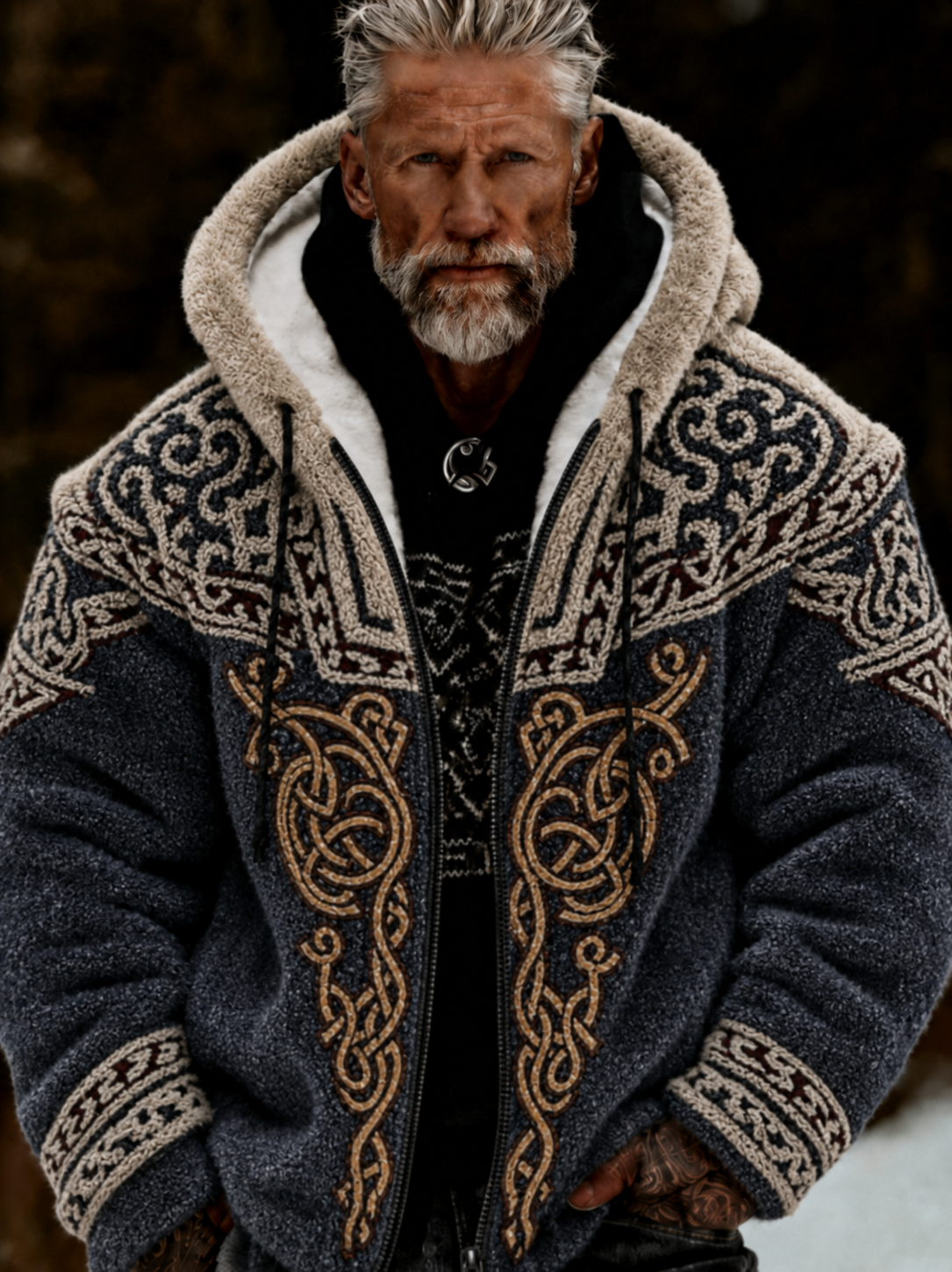 Herrlig viking- och keltiskt konstnärlig plyschjacka med dragkedja och huva, mysigt varm