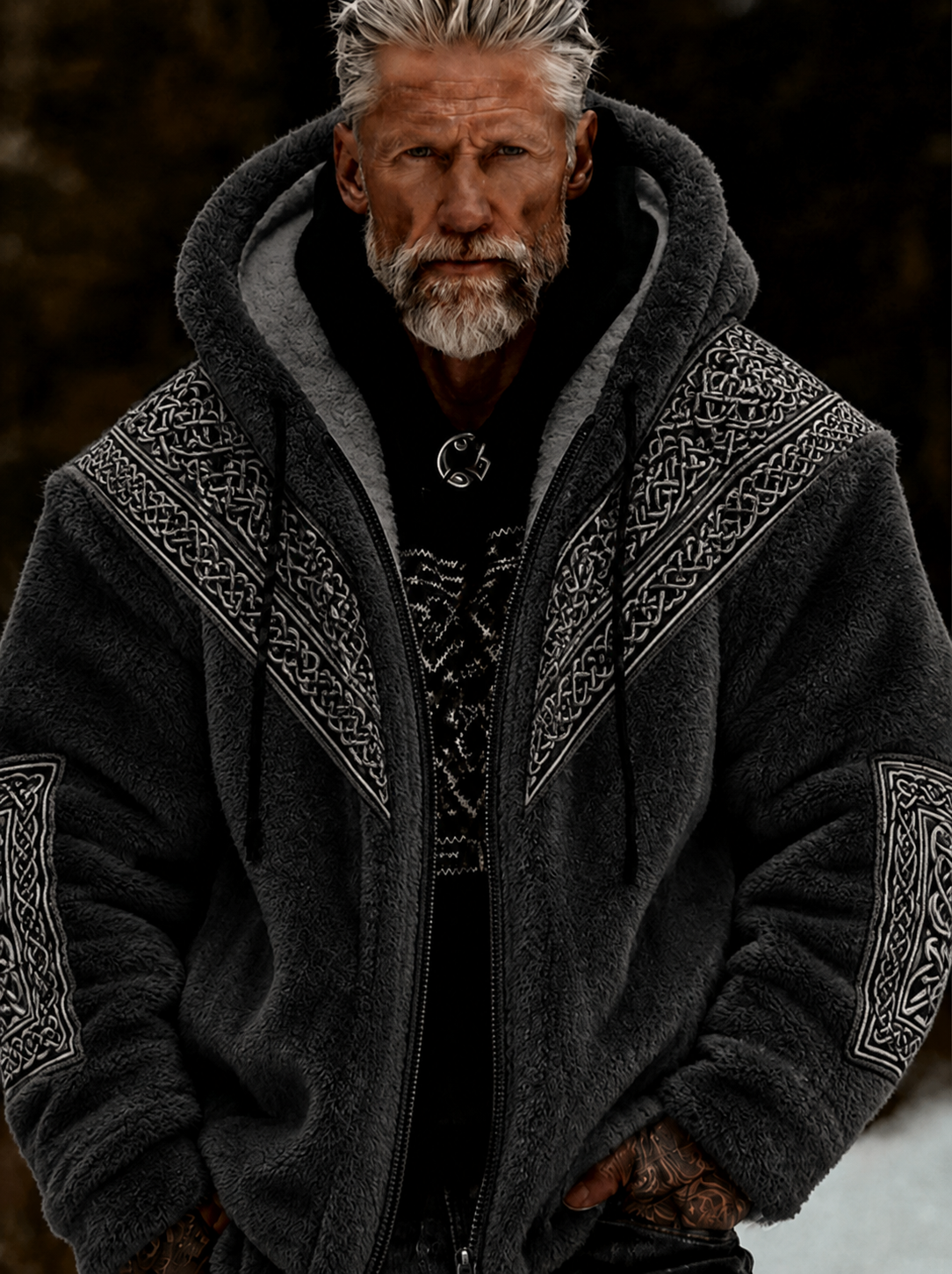 Herrlig viking- och keltiskt konstnärlig plyschjacka med dragkedja och huva, mysigt varm