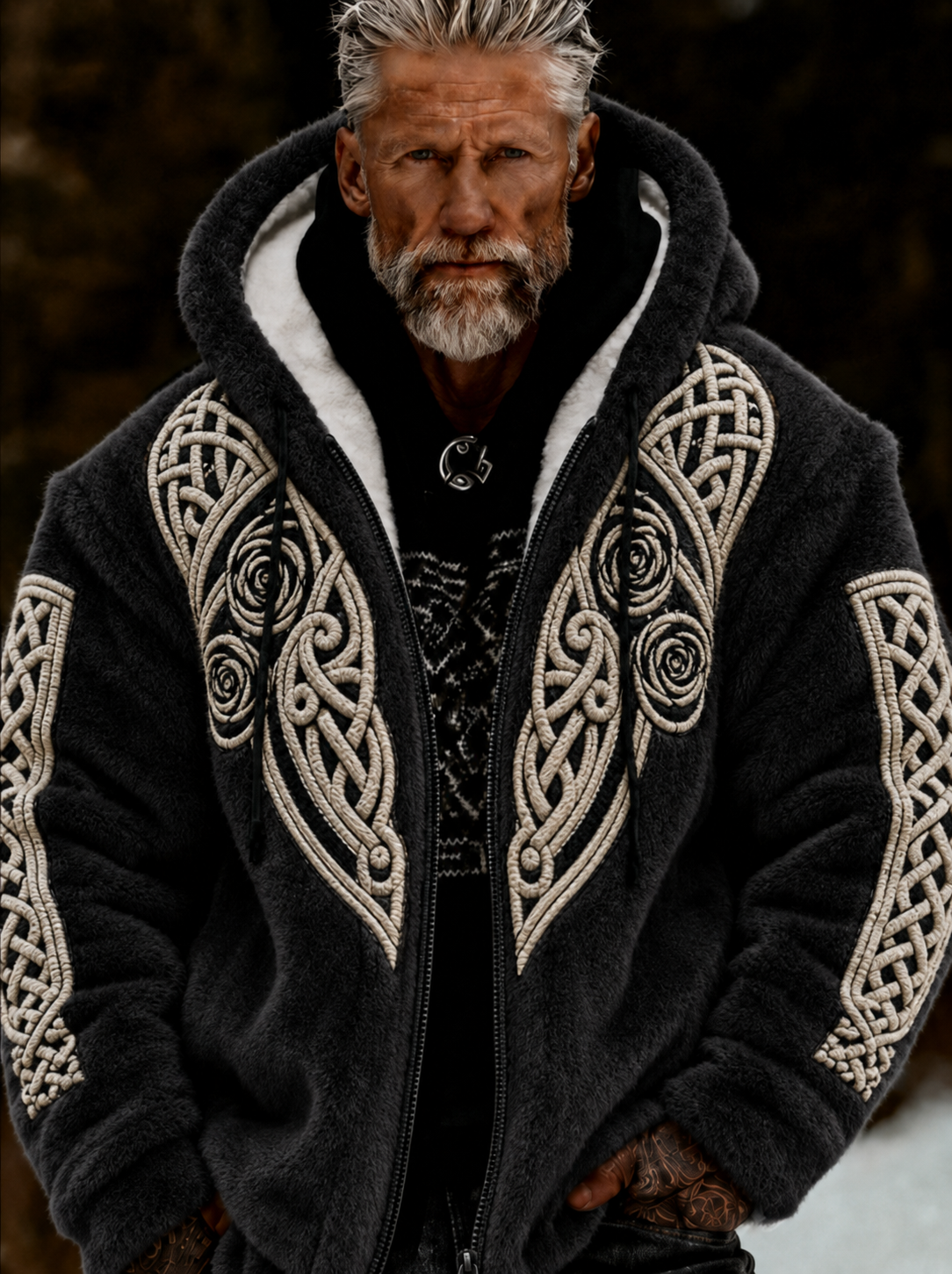 Herrlig viking- och keltiskt konstnärlig plyschjacka med dragkedja och huva, mysigt varm