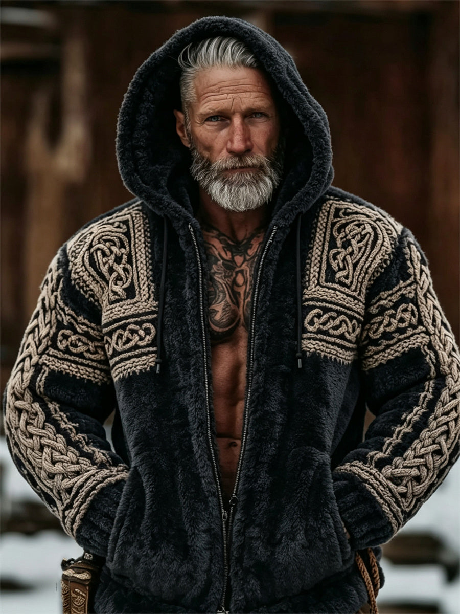 Mansvintage vikingkeltiskt knutmönstrat mysigt flanellhuvtröja med full dragkedja