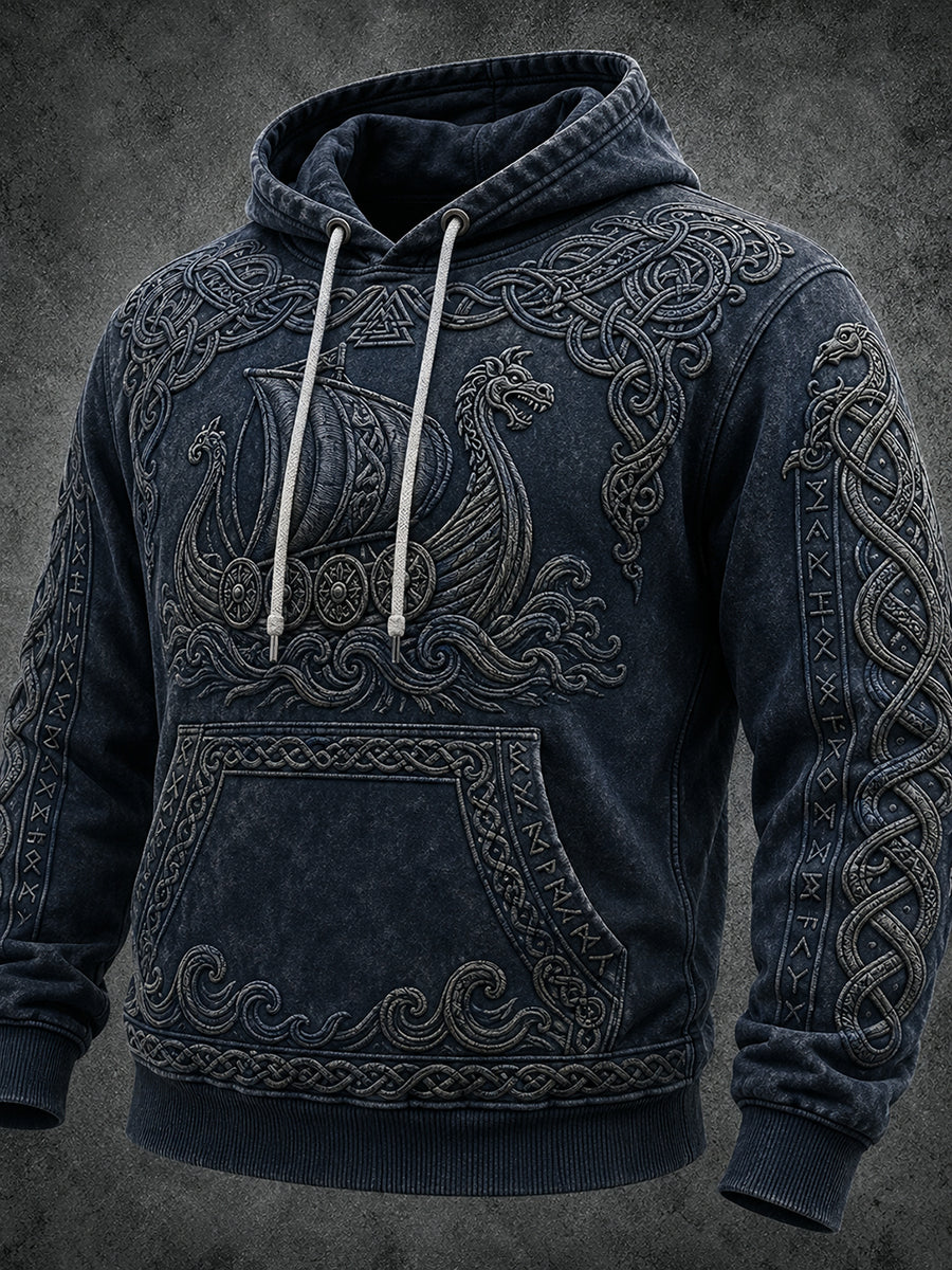 Mansvintage vikinginspirerad keltiskt mönstrad mysig vintage-huudie