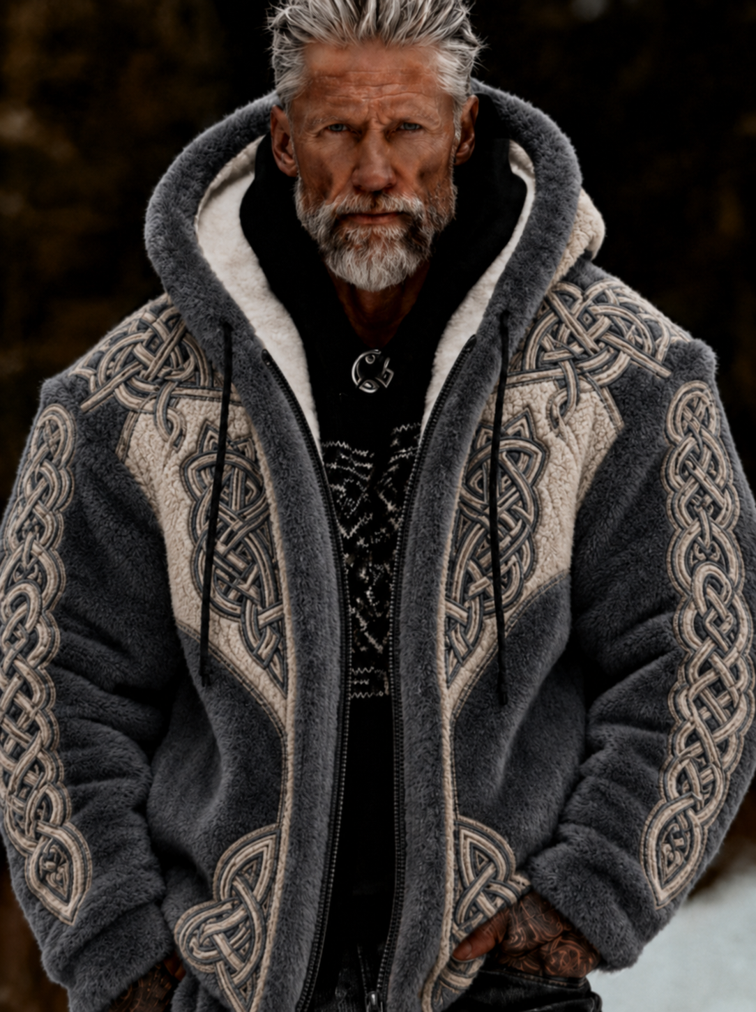 Herrlig viking- och keltiskt konstnärlig plyschjacka med dragkedja och huva, mysigt varm