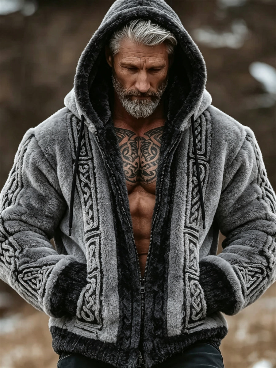 Mansvintage vikingkeltiskt knutmönstrat mysigt flanellhuvtröja med full dragkedja