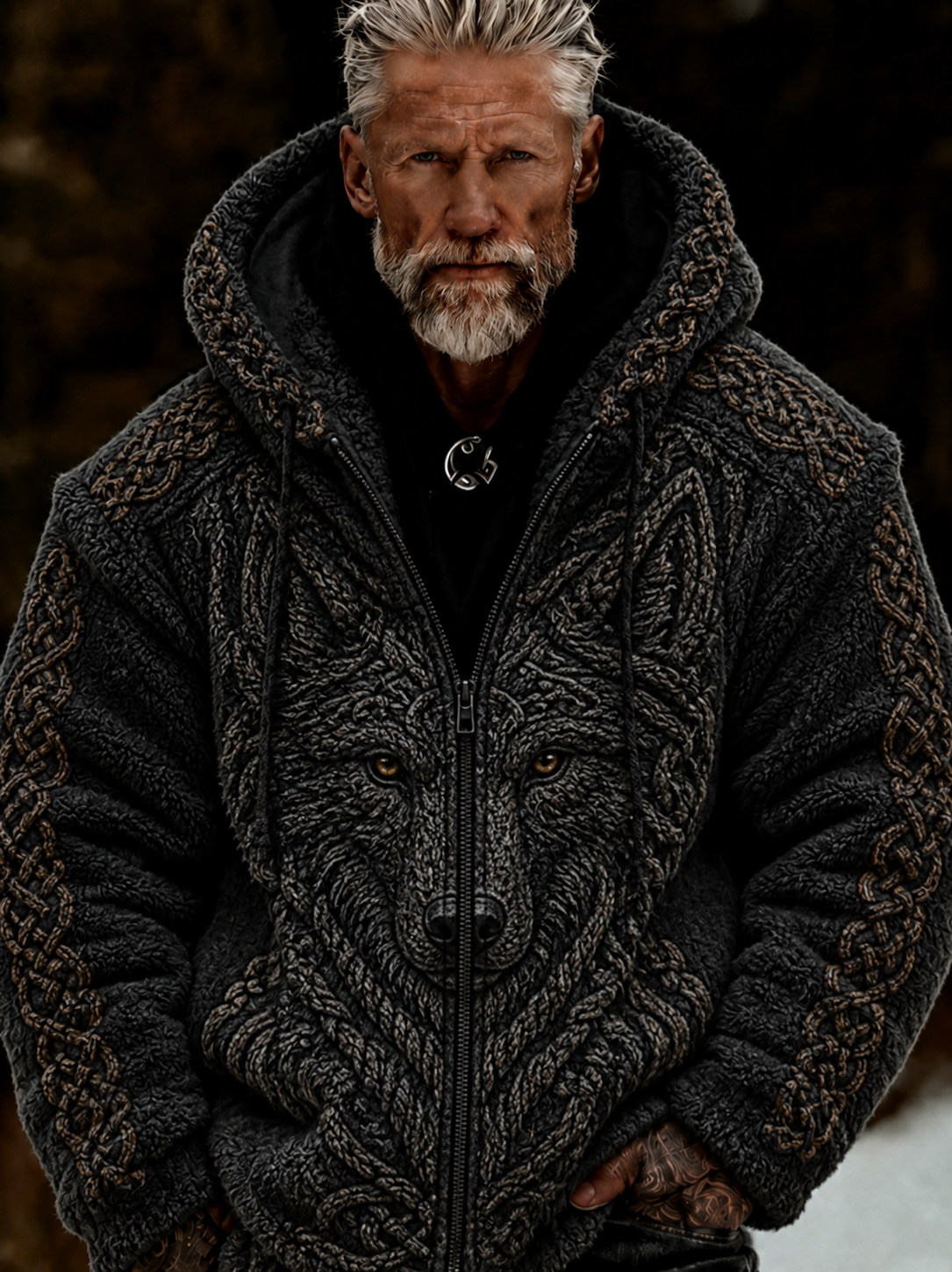 Herrlig viking- och keltiskt konstnärlig plyschjacka med dragkedja och huva, mysigt varm