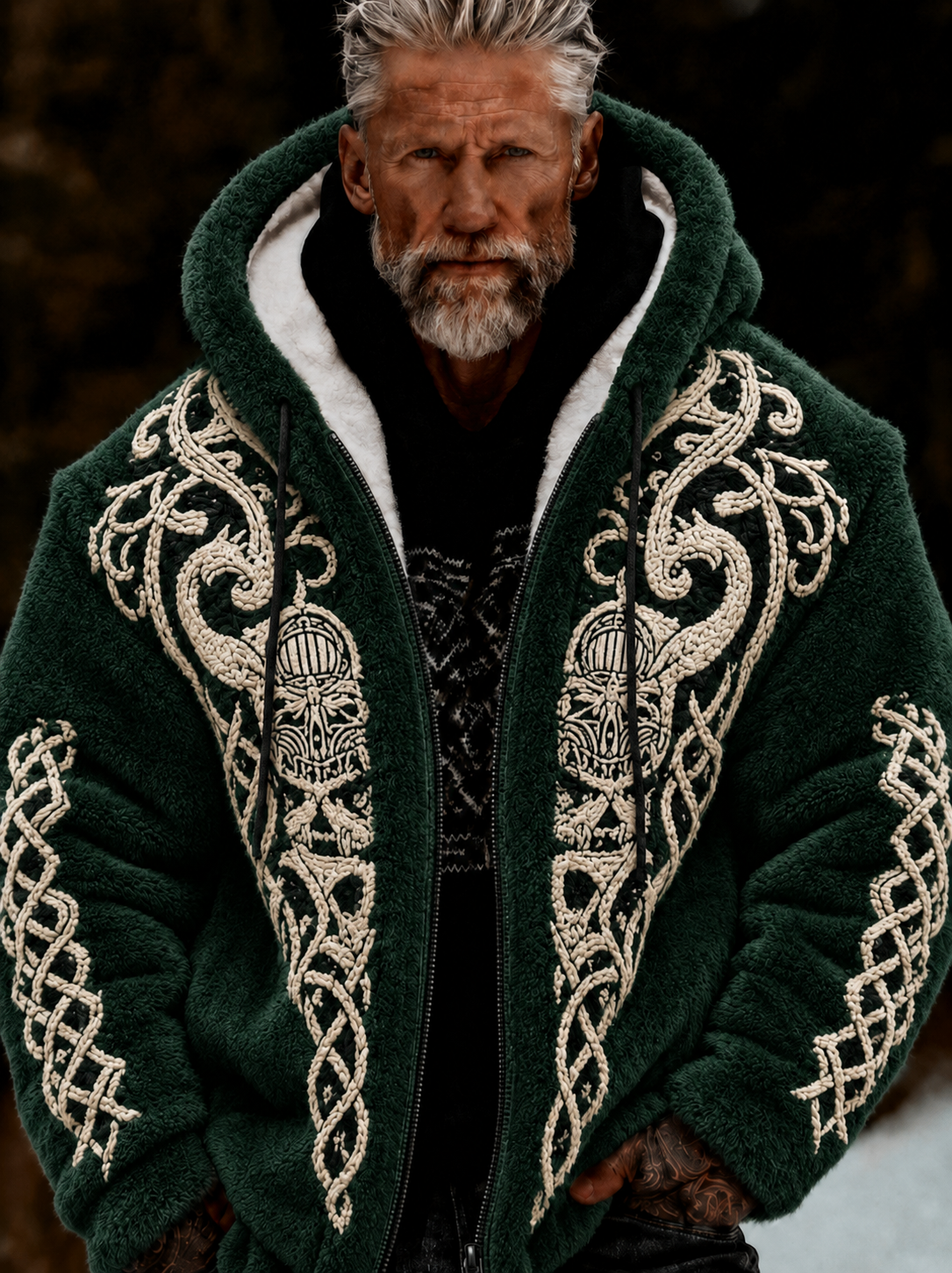 Herrlig viking- och keltiskt konstnärlig plyschjacka med dragkedja och huva, mysigt varm