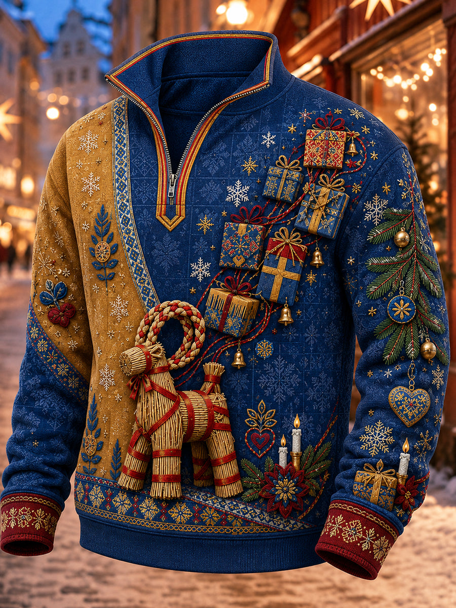 Svensk jultryckt casual sweatshirt med dragkedja för män