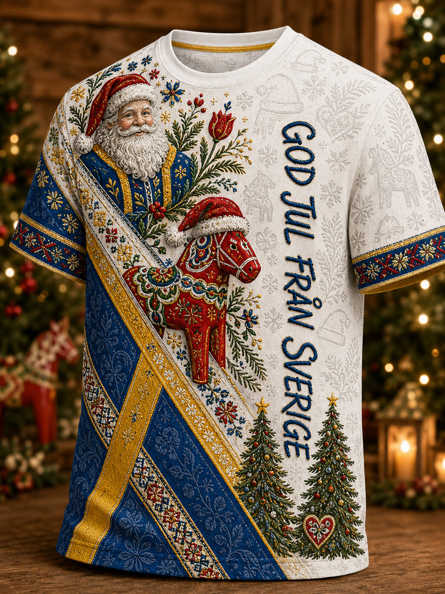 Herrlig jultröja i svensk stil med tryckt mönster, vintagemode, löst sittande och kort ärm