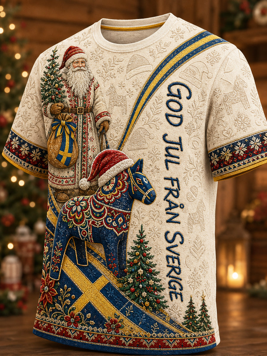 Herrlig jultröja i svensk stil med tryckt mönster, vintagemode, löst sittande och kort ärm