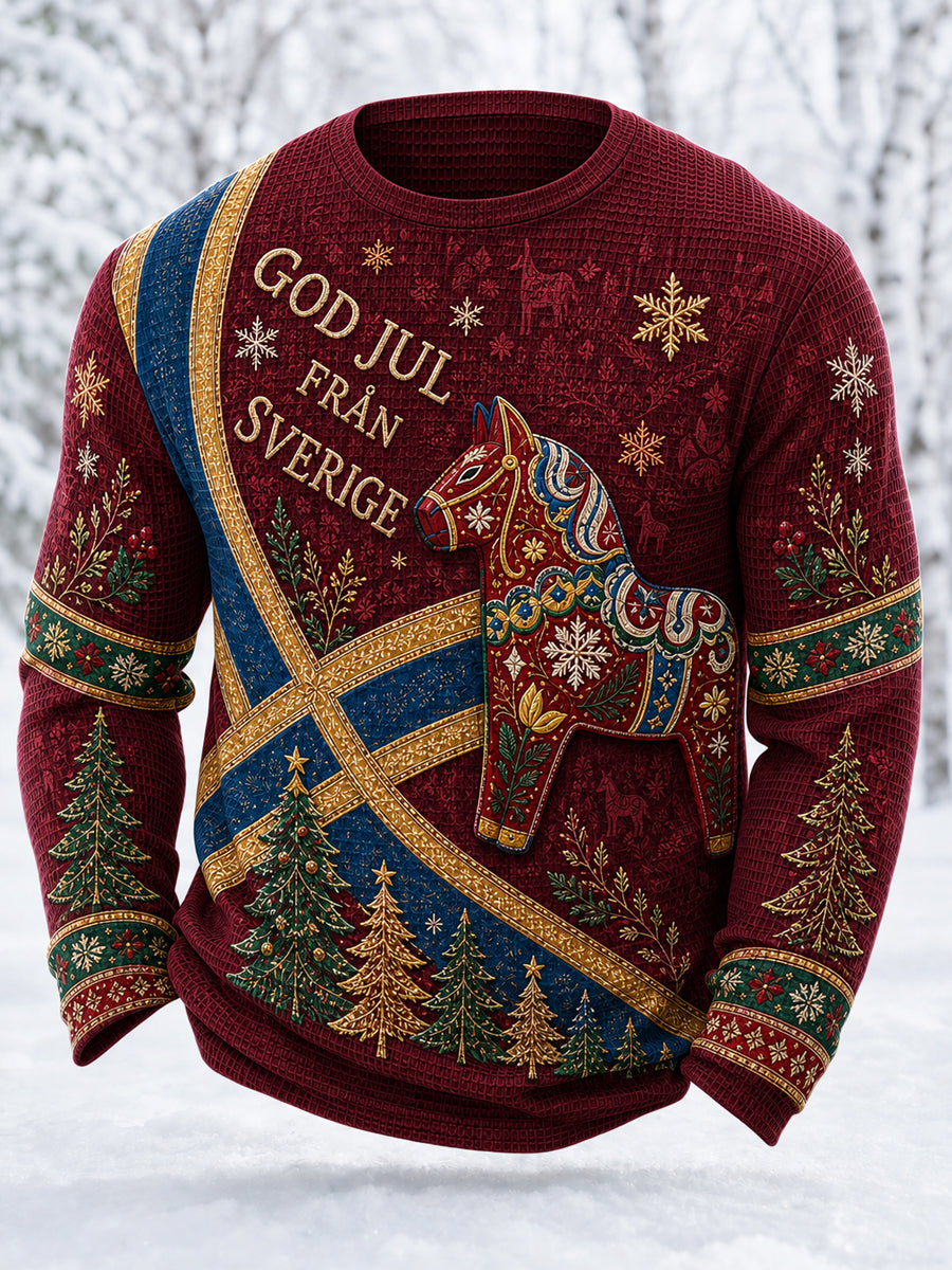 Herrtröja i svenskt jultema med vaflemönster, långärmad och rund hals