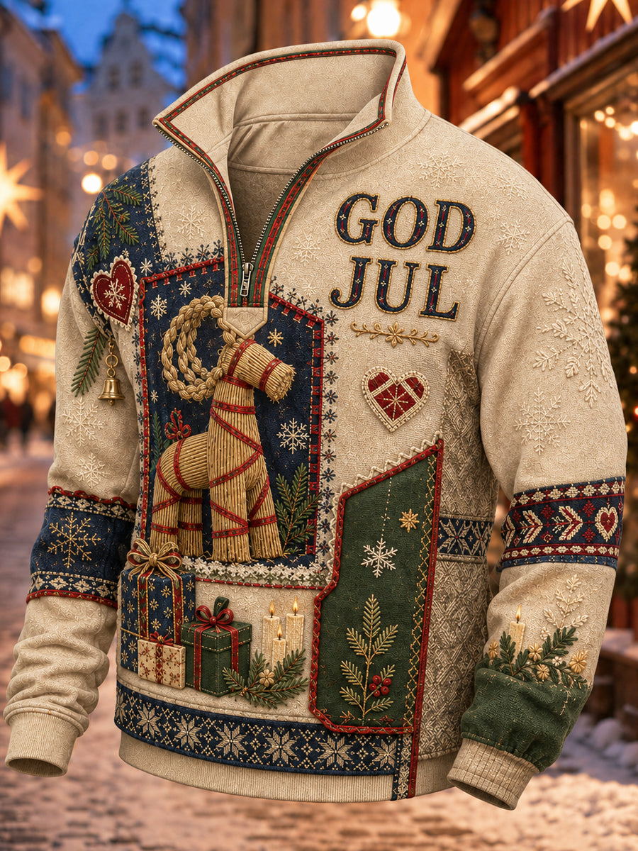 Svensk jultryckt casual sweatshirt med dragkedja för män