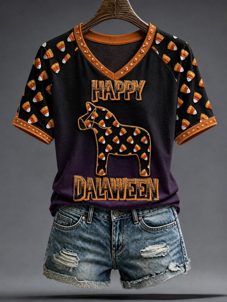 Kvinnlig svensk Halloween-lustig Dalaween-konsttryckt t-shirt