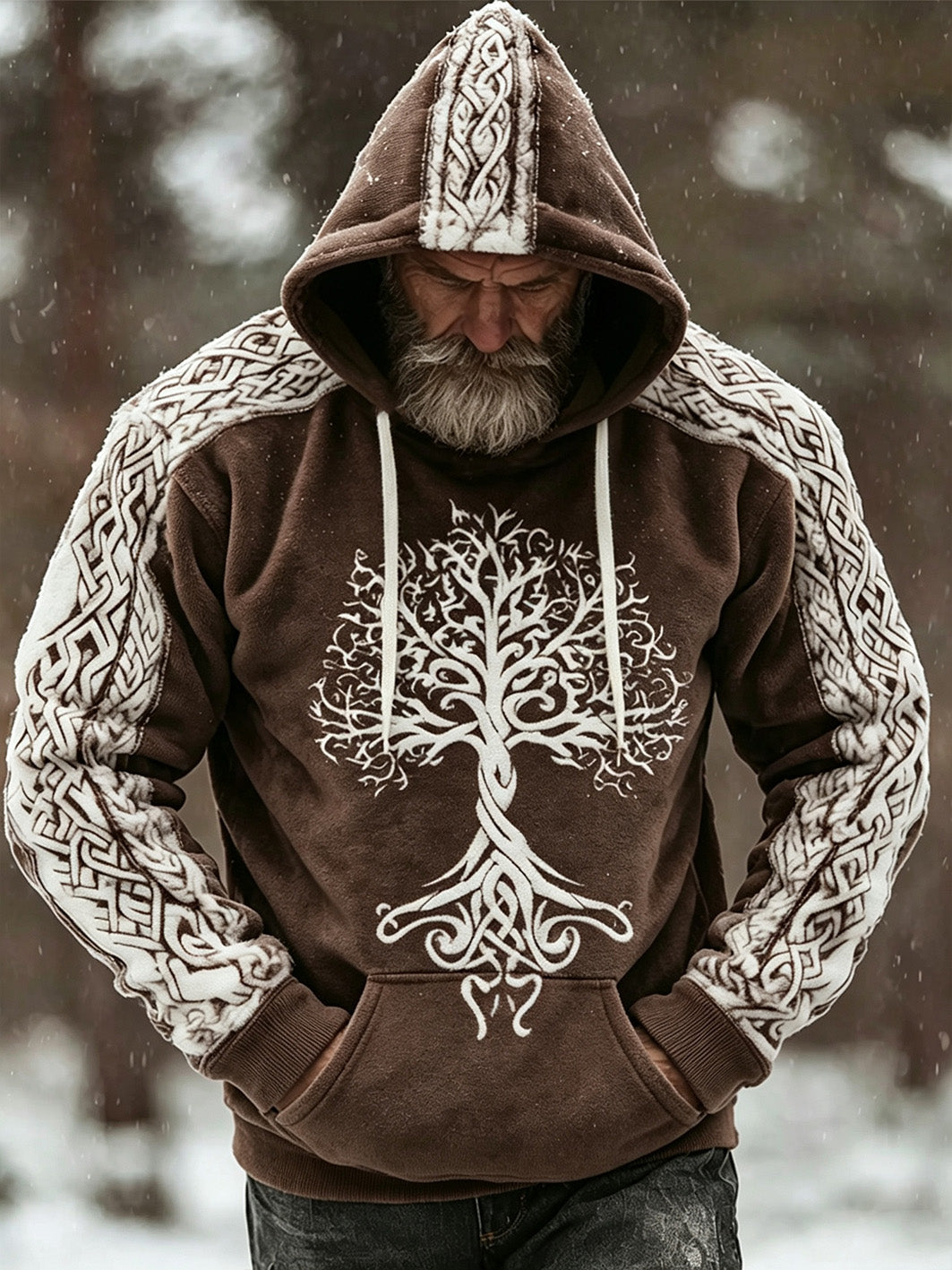 Mans retro vikingkeltiskt mönsterdesign avslappnad flanellhuvtröja
