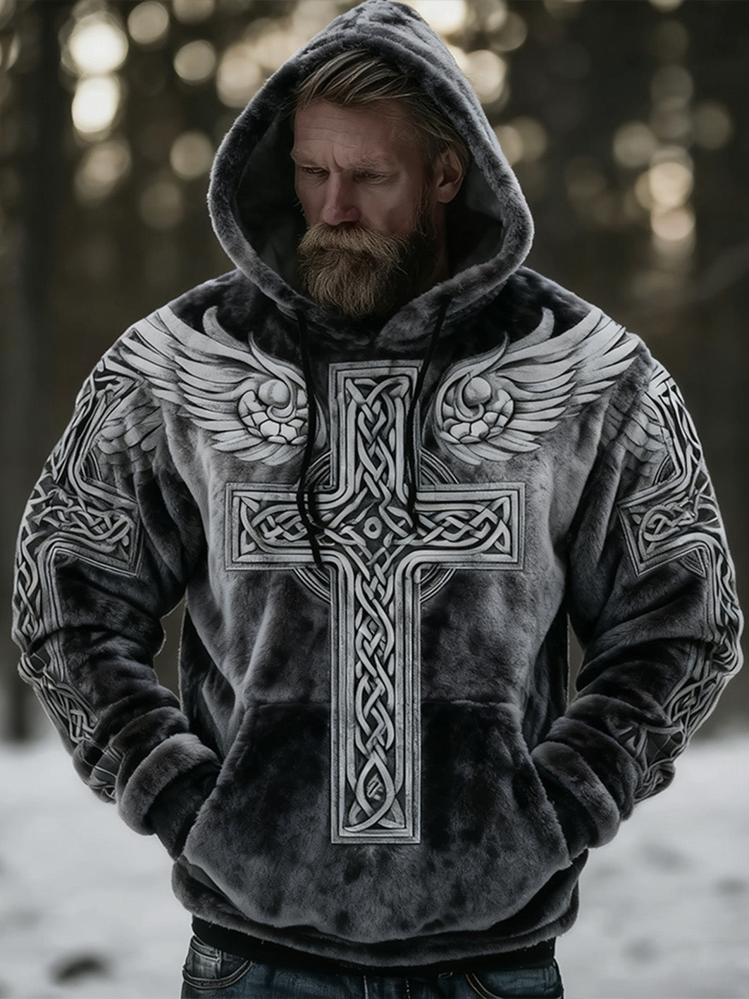 Mans retro vikingkeltiskt mönsterdesign avslappnad flanellhuvtröja