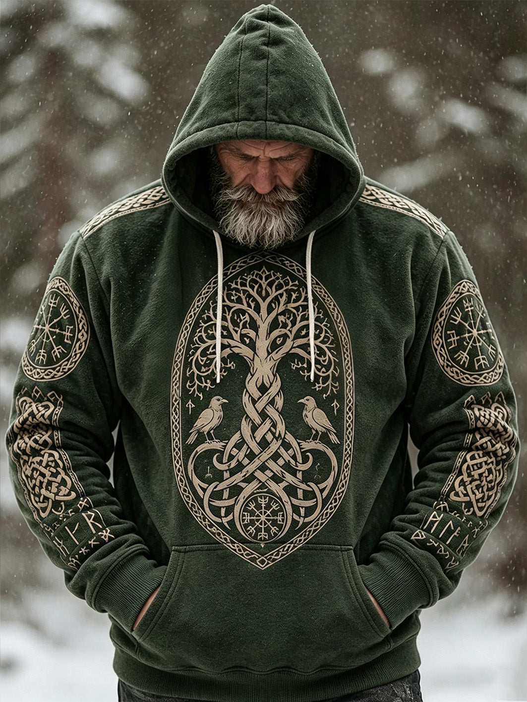 Mans retro vikingkeltiskt mönsterdesign avslappnad flanellhuvtröja