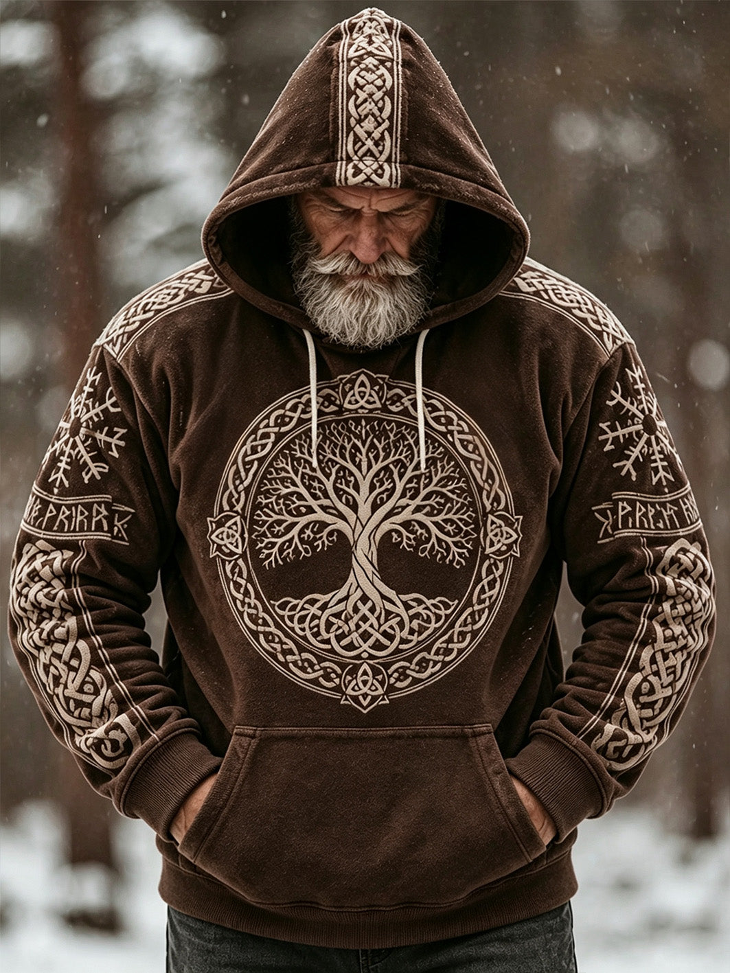 Mans retro vikingkeltiskt mönsterdesign avslappnad flanellhuvtröja