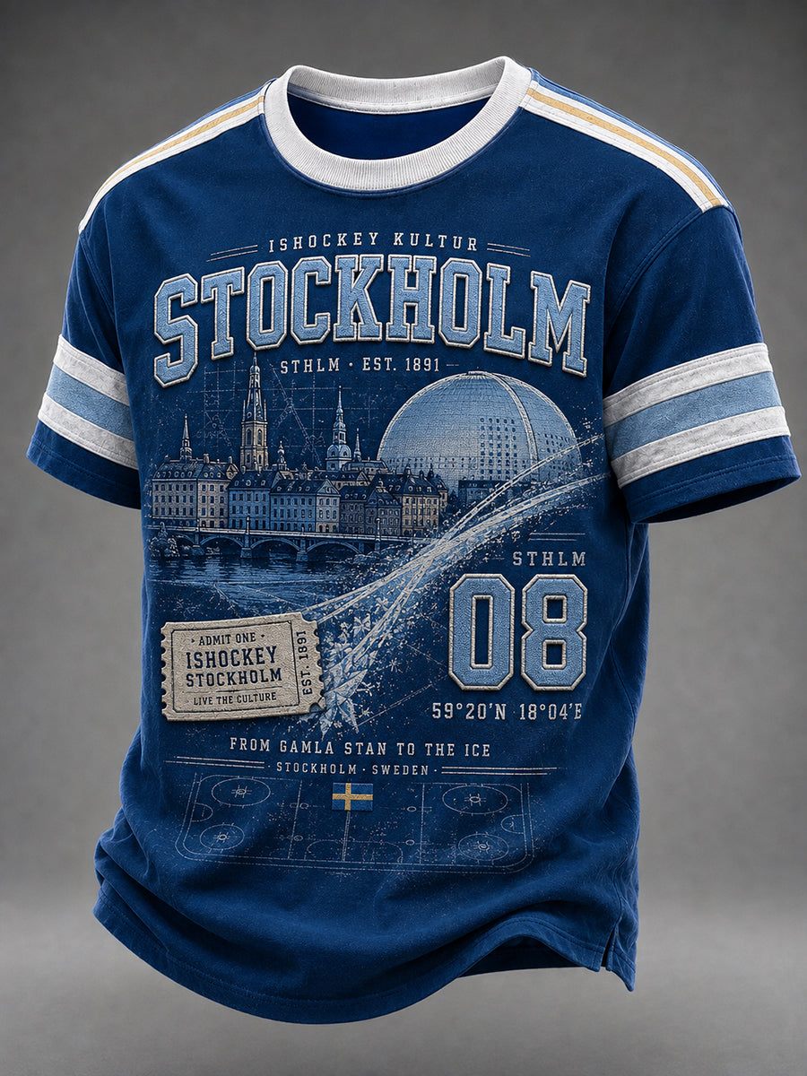 Herrtröja i vintagestil från Stockholm, Sverige, med korta ärmar och ishockeymotiv