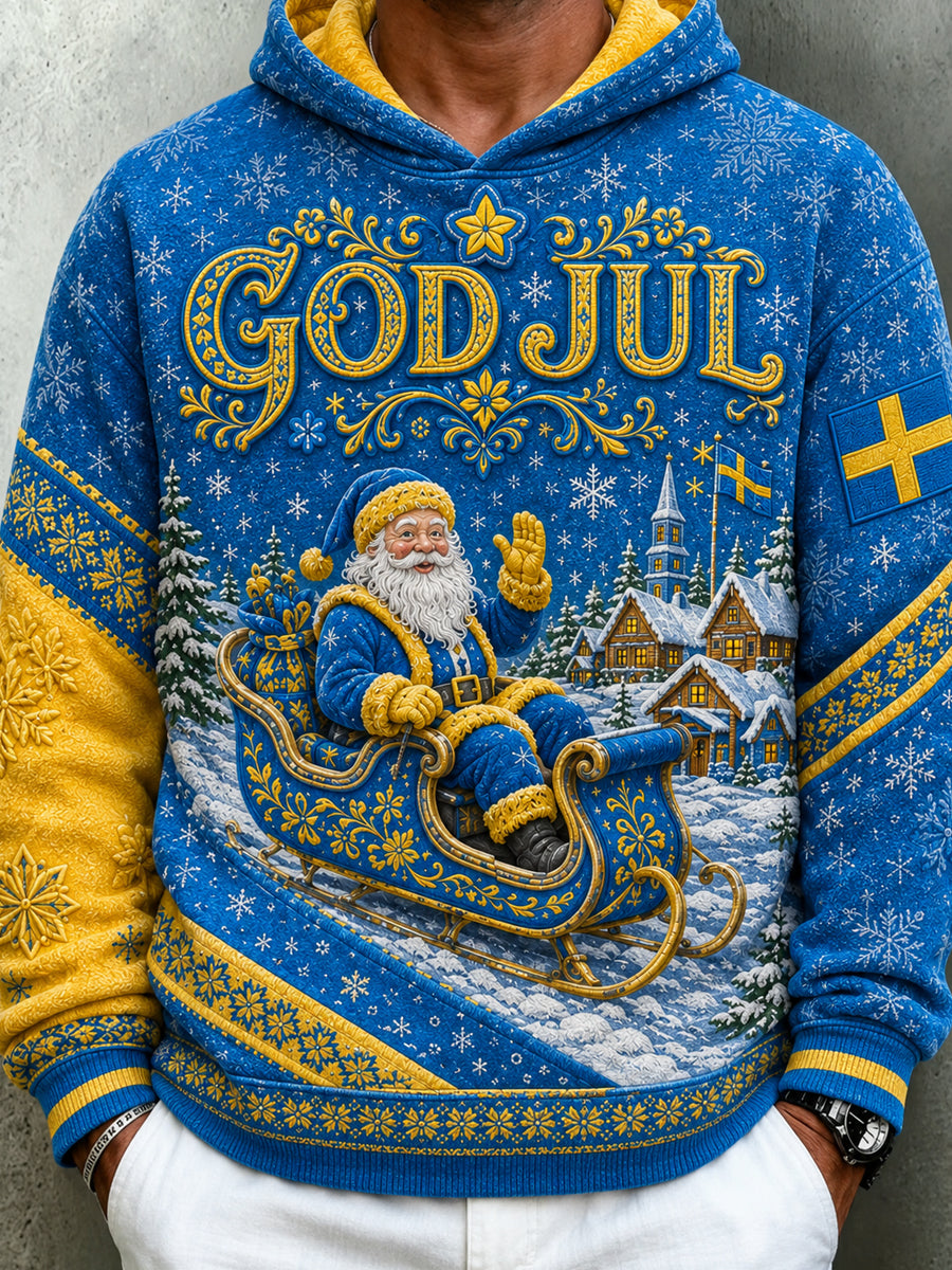 Svensk jultryck på herrtröja med långa ärmar och huva