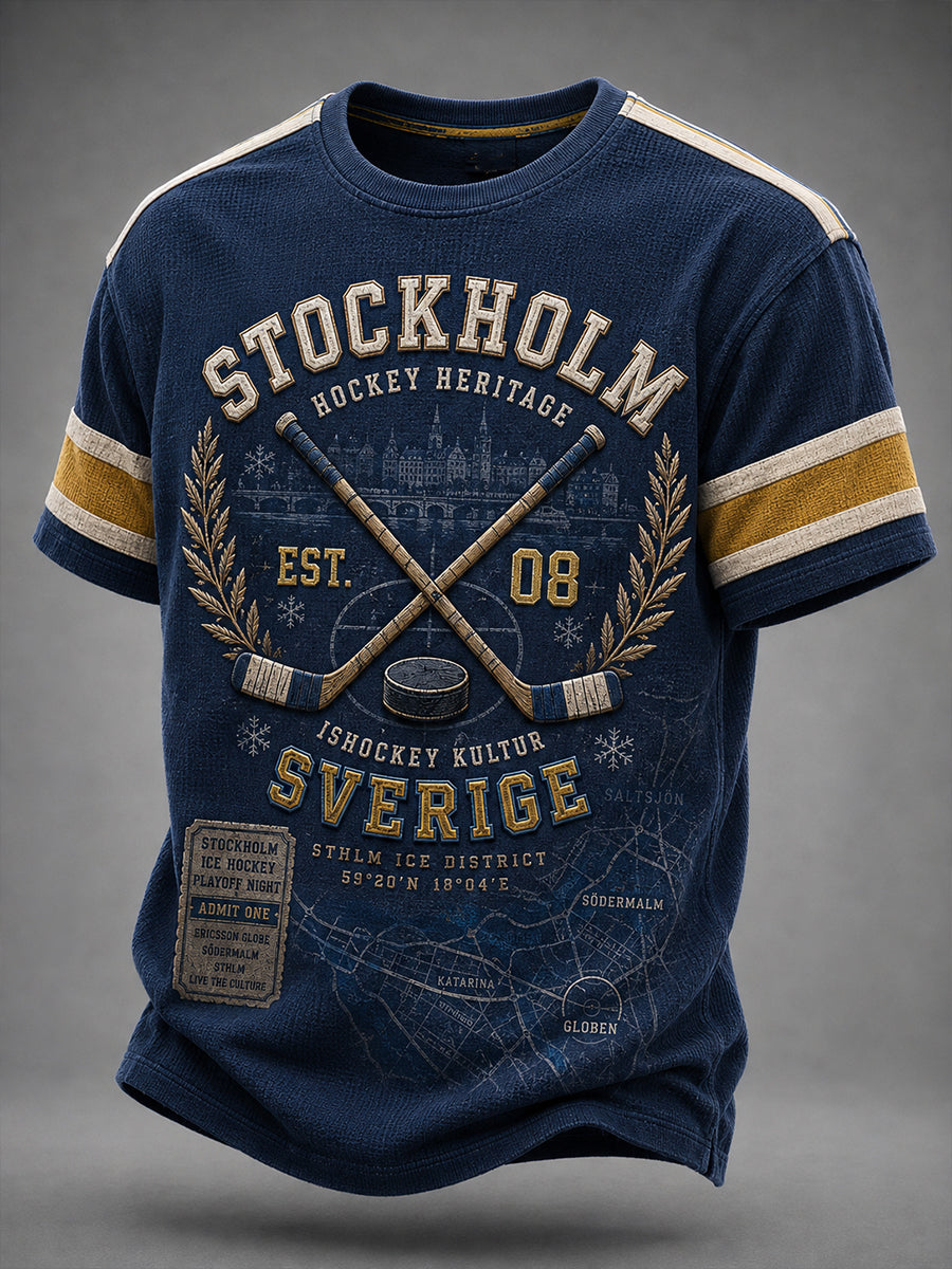 Herrtröja i vintagestil från Stockholm, Sverige, med korta ärmar och ishockeymotiv