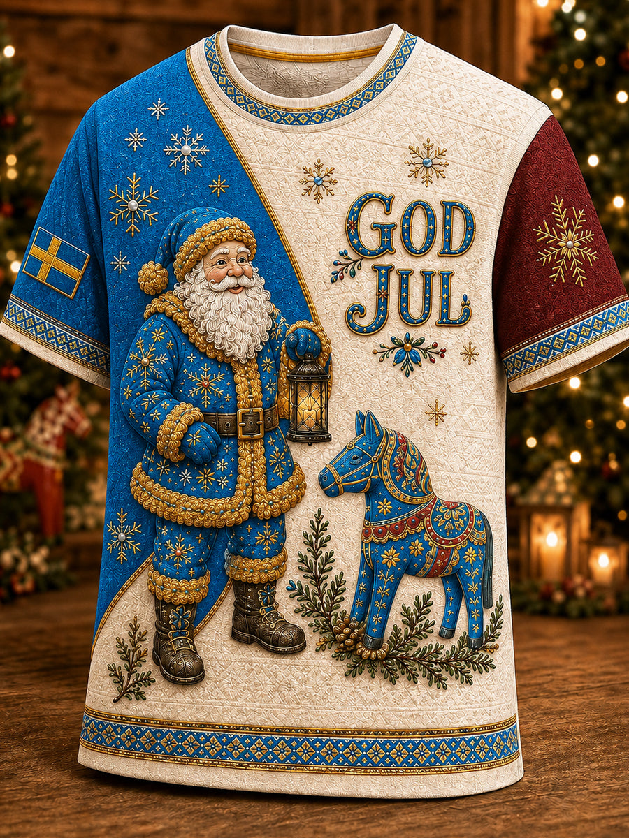 Herrlig jultröja i svensk stil med tryckt mönster, vintagemode, löst sittande och kort ärm