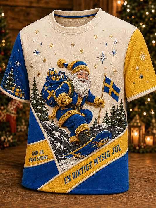 Herrlig jultröja i svensk stil med tryckt mönster, vintagemode, löst sittande och kort ärm