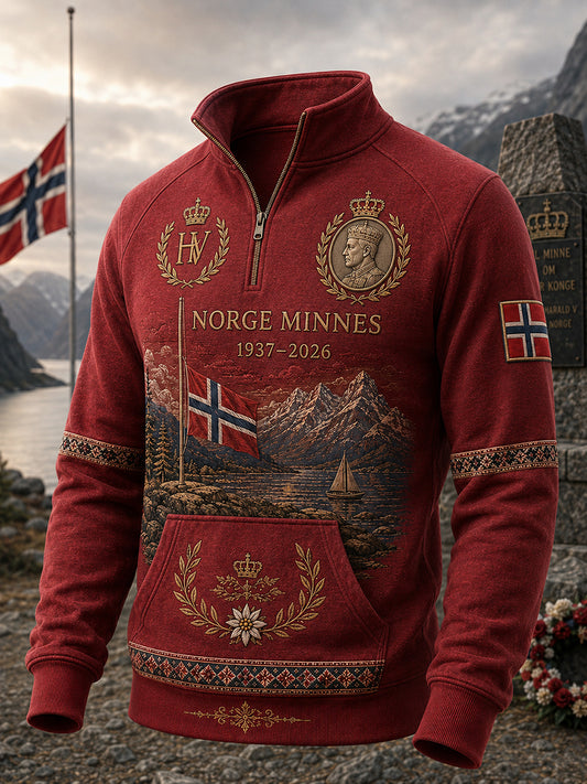 Herrers tildels glidelås svettergens med oppretstående krage til minne om Kong Harald V av Norge