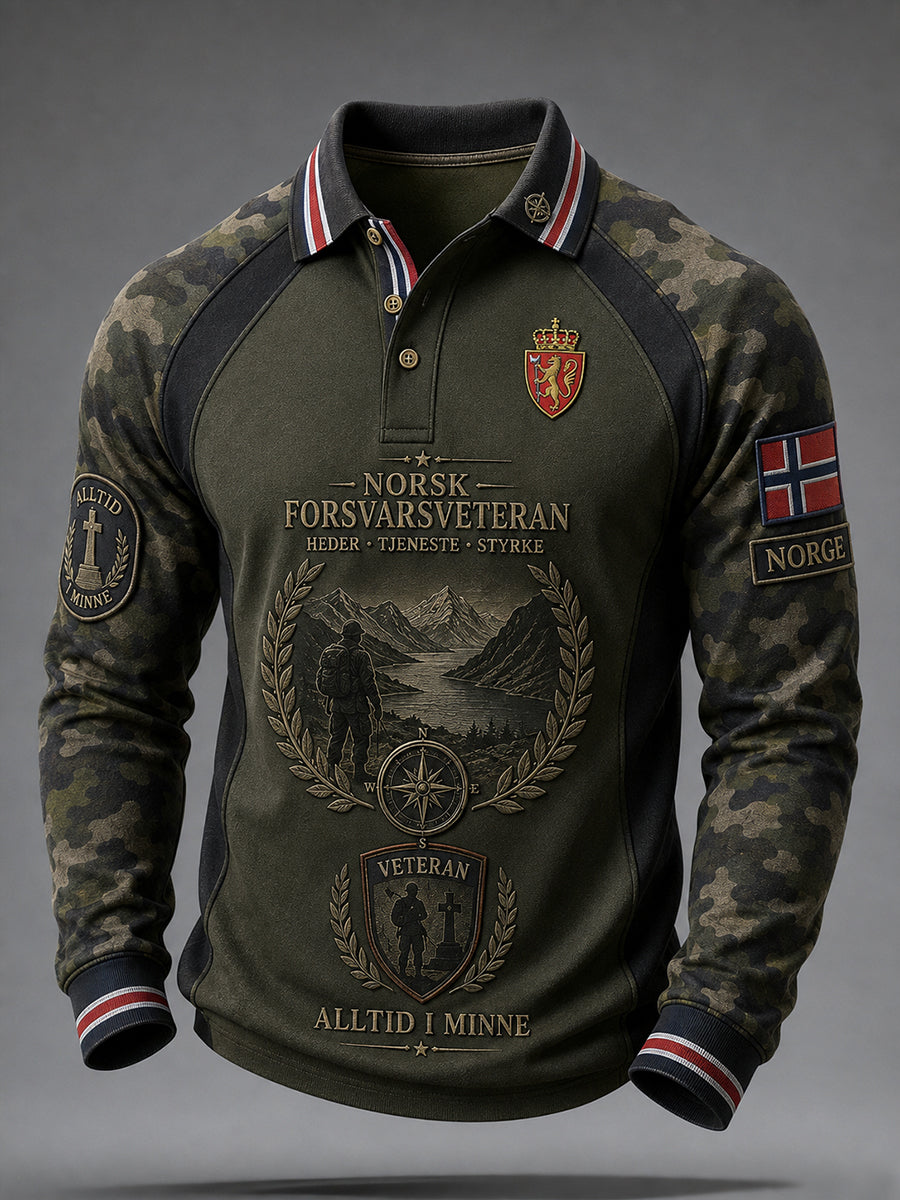 Gammeldags kamuflasj- og militærintspirert grafisk raglanpolo med lange ermer for menn