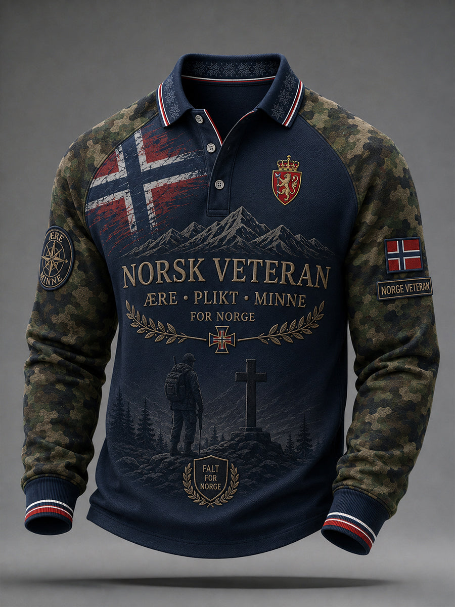 Gammeldags kamuflasj- og militærintspirert grafisk raglanpolo med lange ermer for menn