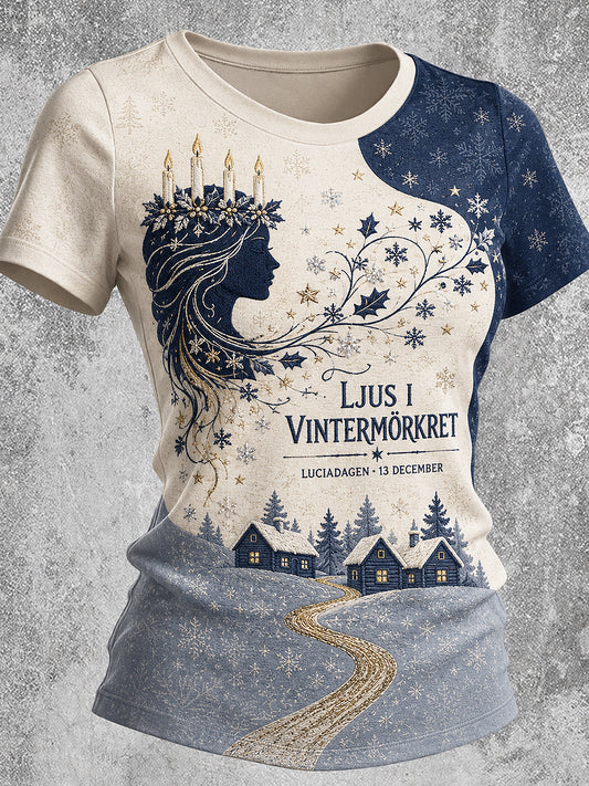 Kvinnlig lucialjusprintad vintage-mode lös t-shirt med kort ärm