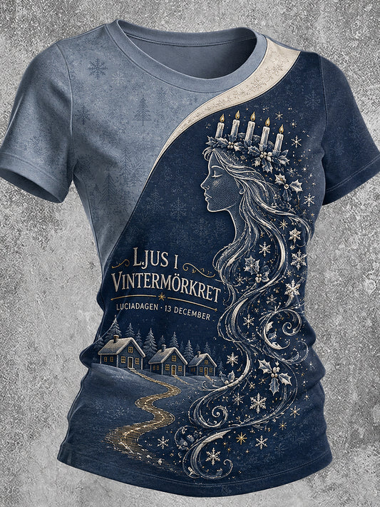 Kvinnlig lucialjusprintad vintage-mode lös t-shirt med kort ärm