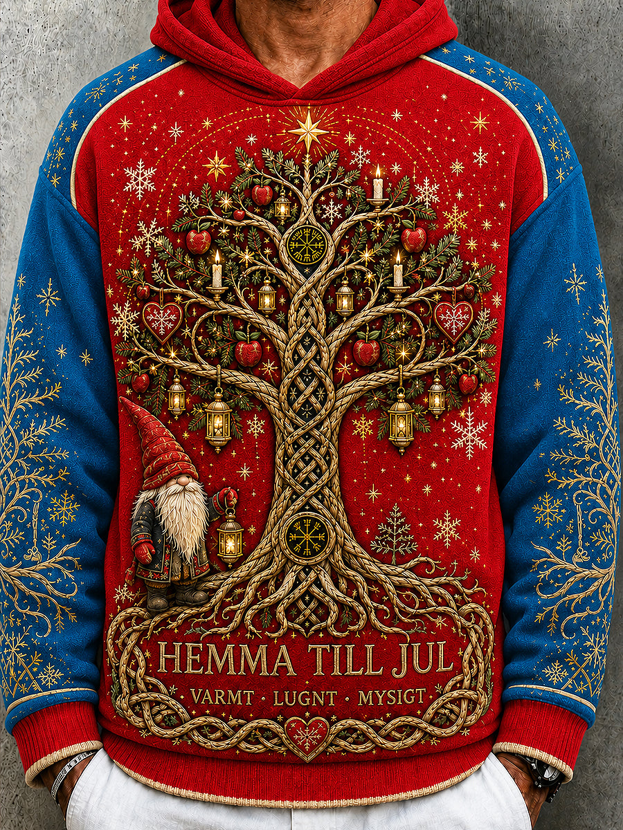 Herrtröja med svensk julprint, rund halsringning, långärmad och med huva