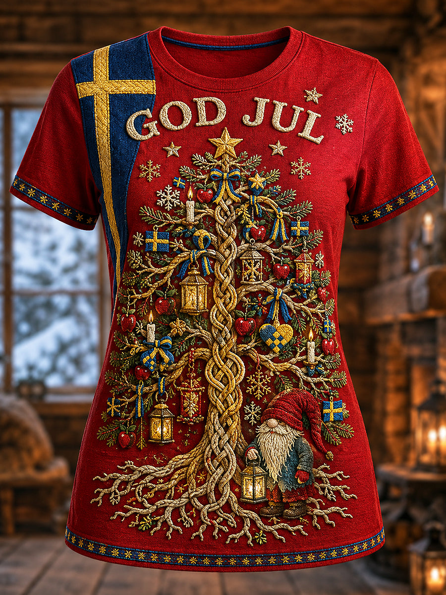 Damernas svenska jultryckta vintage-mode lös t-shirt med kort ärm