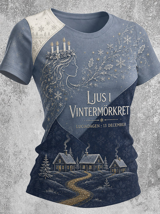 Kvinnlig lucialjusprintad vintage-mode lös t-shirt med kort ärm