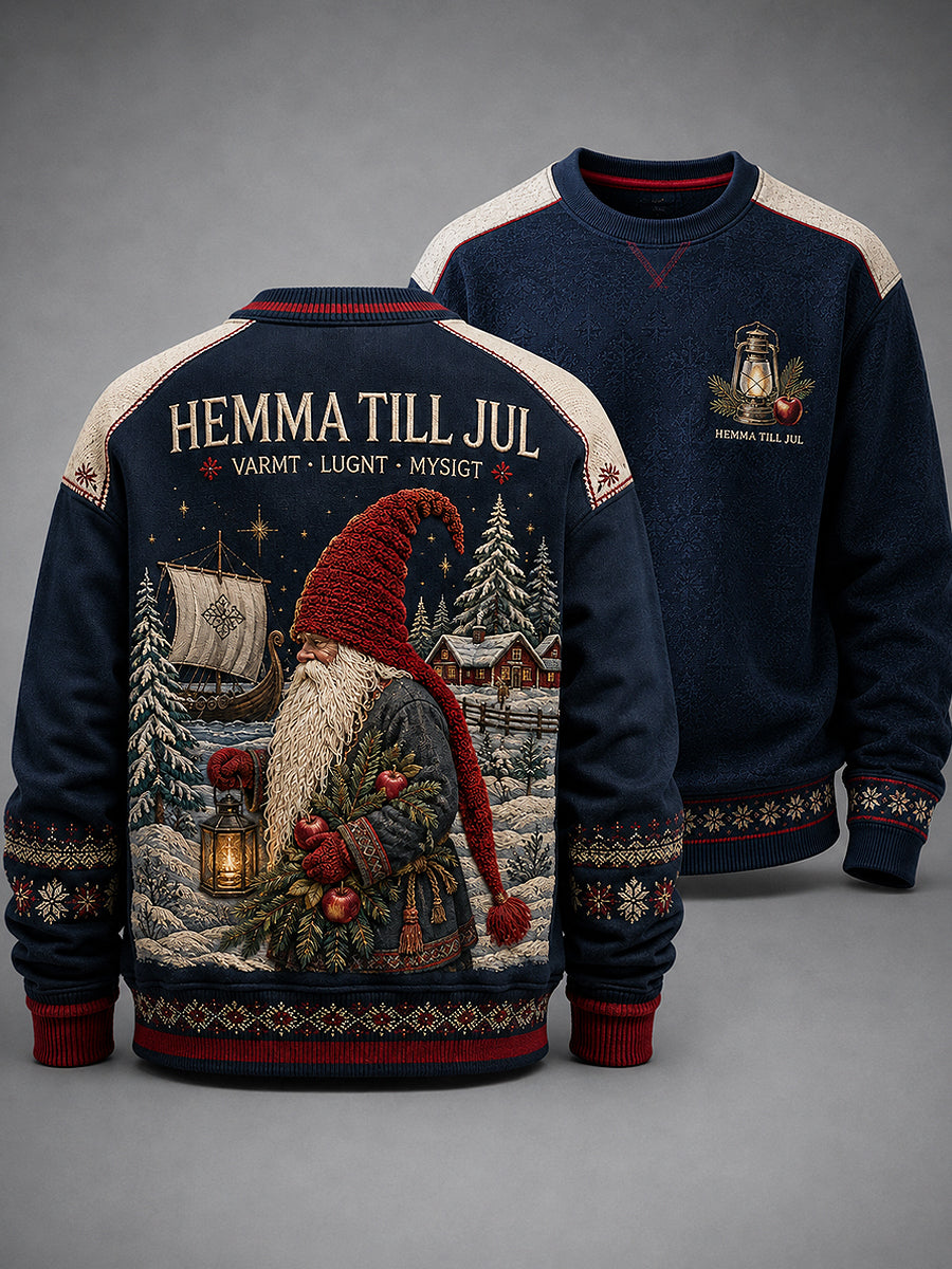 Herrtröja med svensk julprint, rund hals och lång ärm