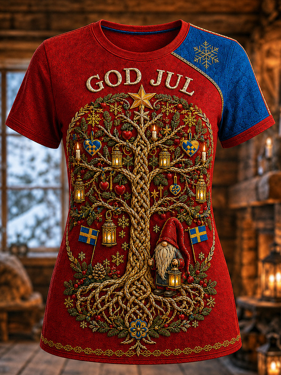 Damernas svenska jultryckta vintage-mode lös t-shirt med kort ärm