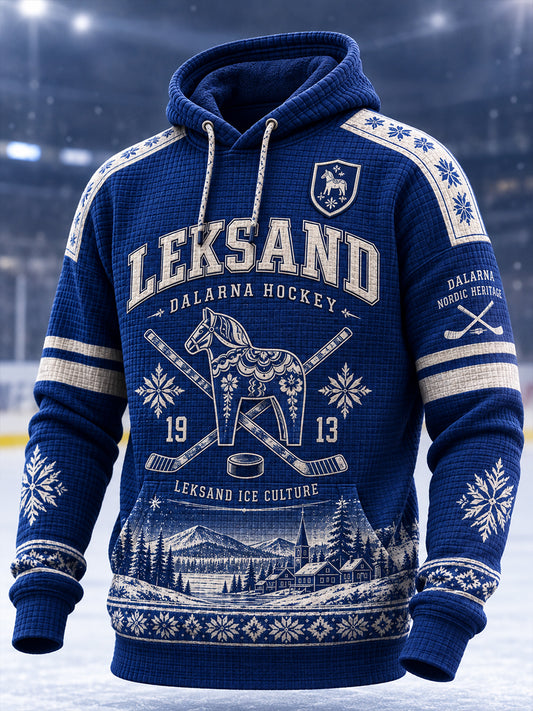 Herrlig tröja i svensk ishockeystil från Leksands IF – löst sittande huvtröja med avsatt axel och fickor för älskare av sporten