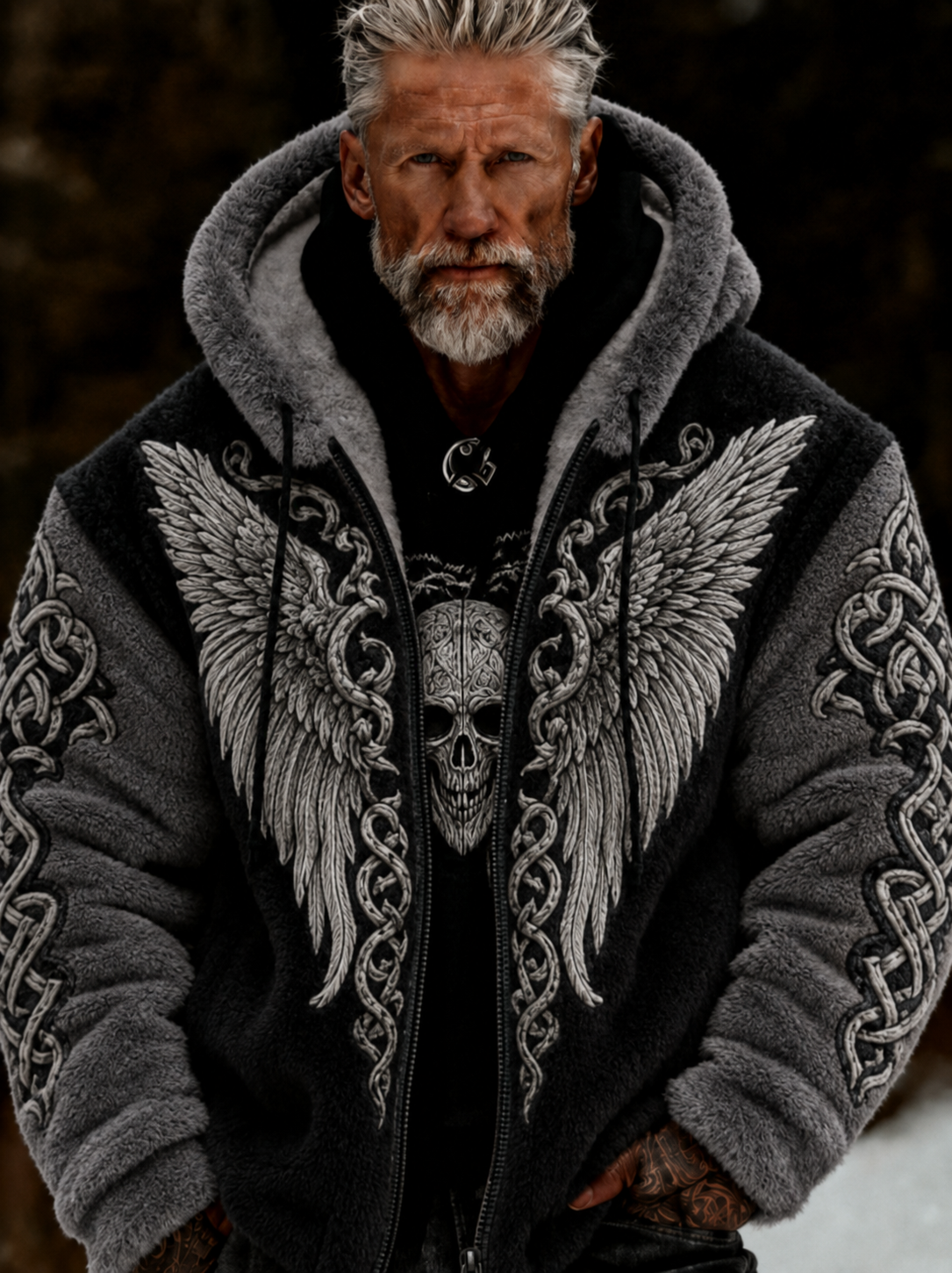 Herrlig viking- och keltiskt inspirerad plyschjacka med dragkedja och huva, mysig och varm