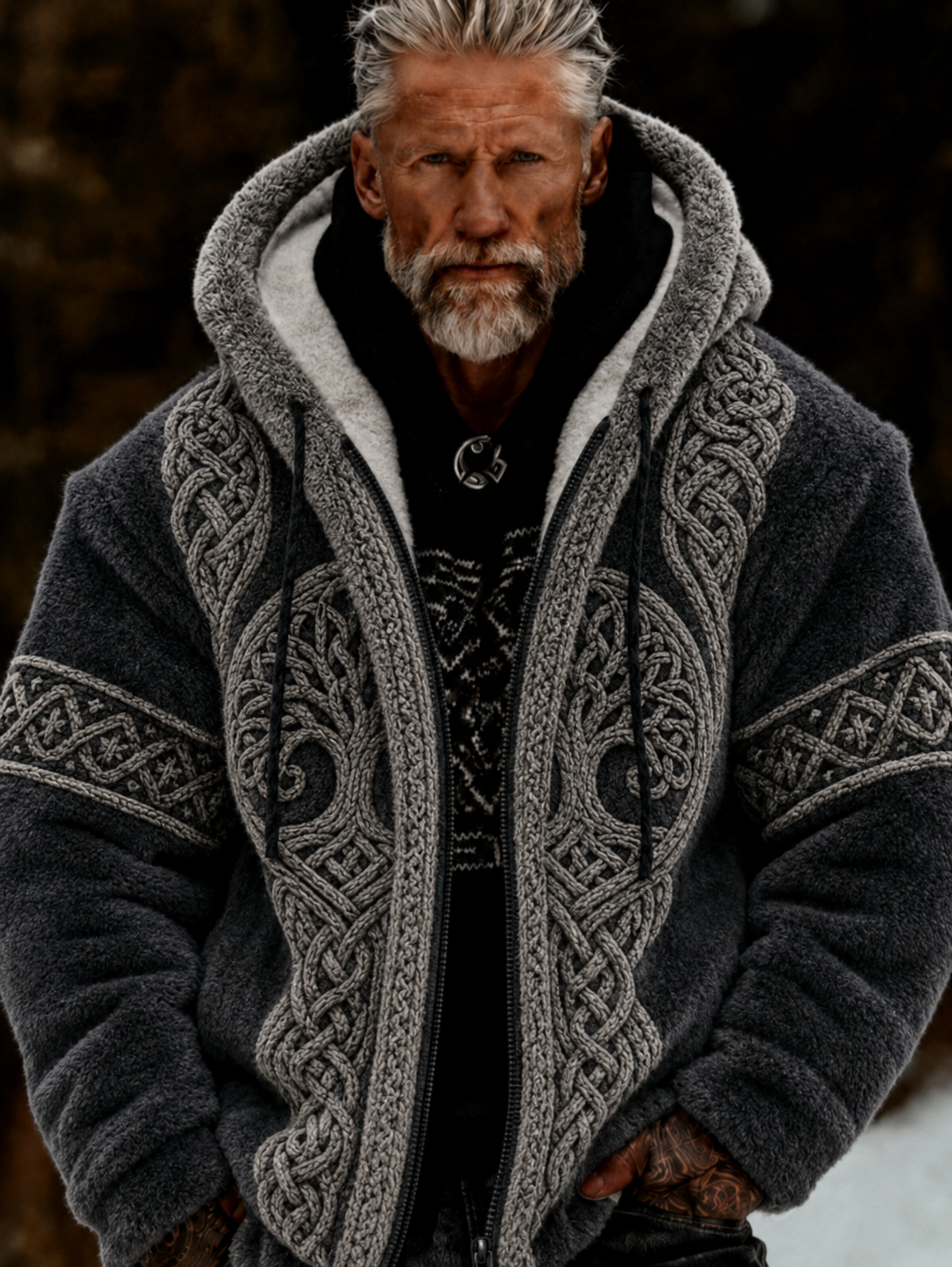 Mans Viking Livets Träd Keltiskt Stil Plysch Mysig Varm Fickjacka Med Dragkedja Och Huva