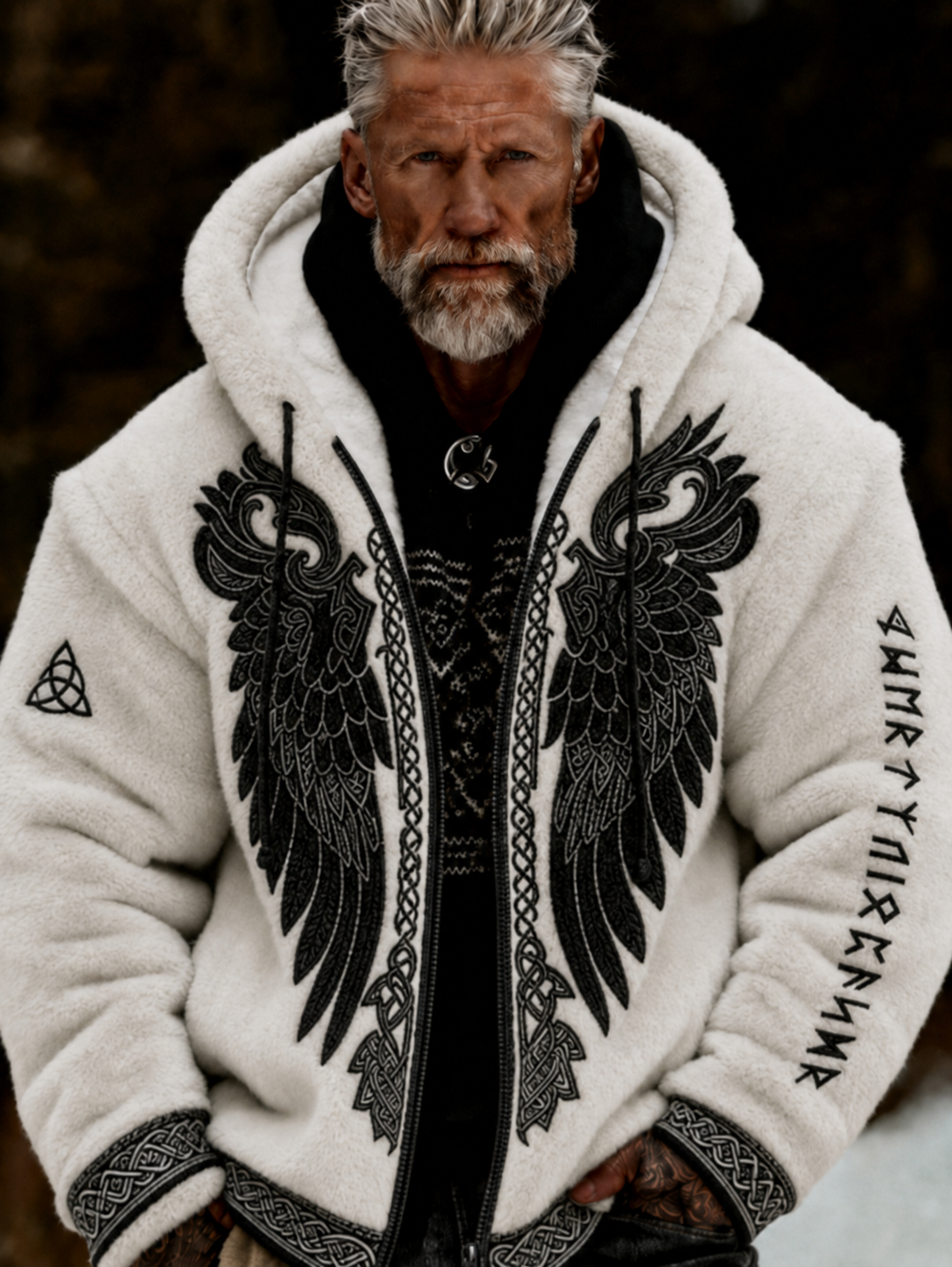 Herrlig viking- och keltiskt inspirerad plyschjacka med dragkedja och huva, mysig och varm