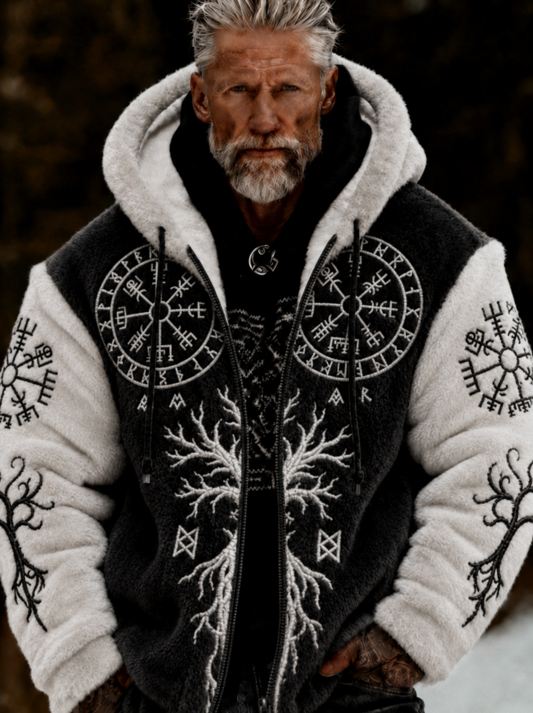 Mans Viking Livets Träd Keltiskt Stil Plysch Mysig Varm Fickjacka Med Dragkedja Och Huva