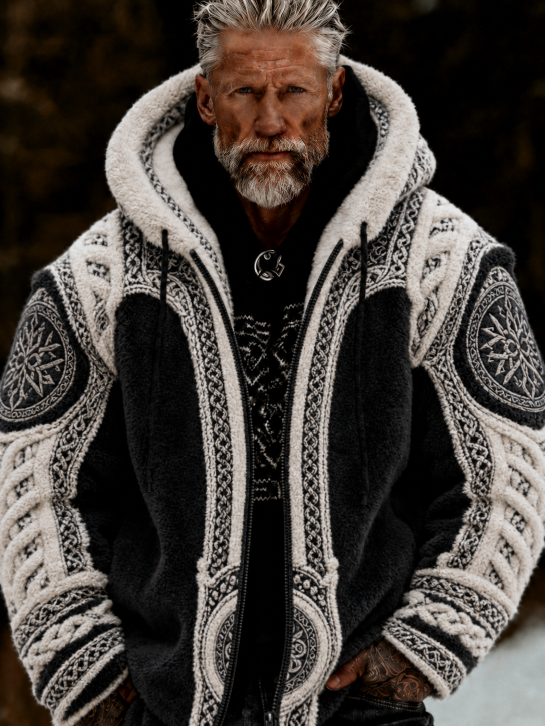 Herrlig viking- och keltiskt inspirerad plyschjacka med dragkedja och huva, mysig och varm