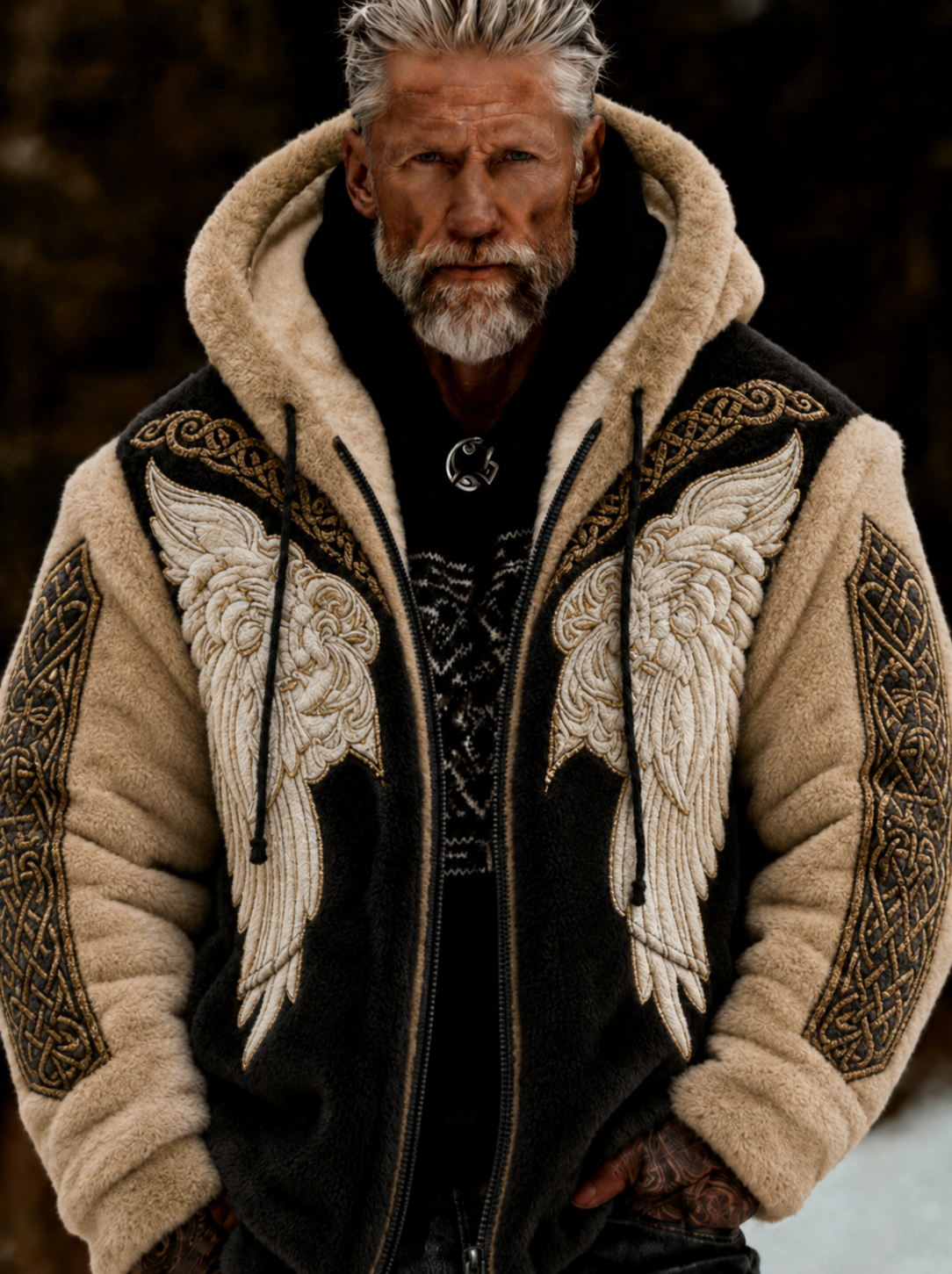 Herrlig viking- och keltiskt inspirerad plyschjacka med dragkedja och huva, mysig och varm