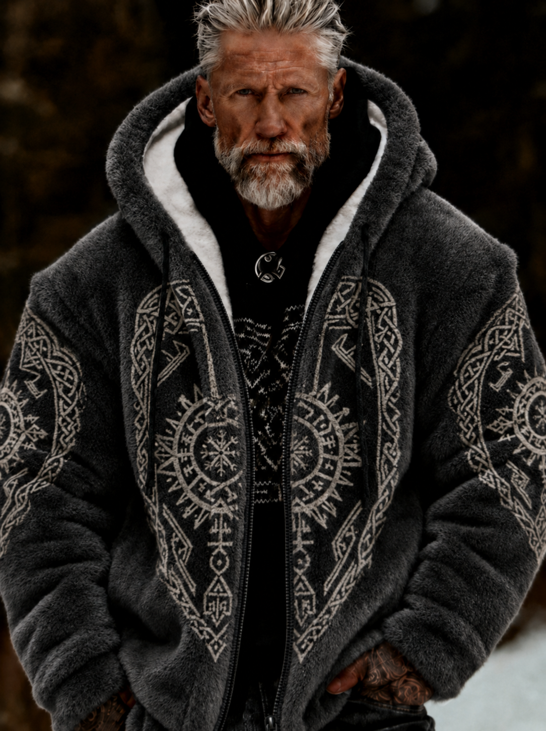 Mans Viking Livets Träd Keltiskt Stil Plysch Mysig Varm Fickjacka Med Dragkedja Och Huva