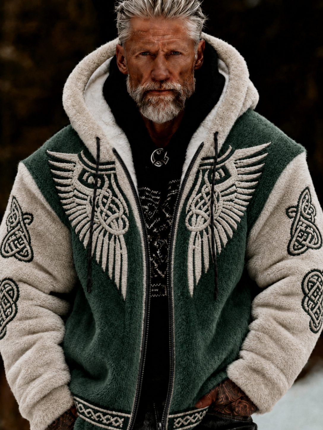 Herrlig viking- och keltiskt inspirerad plyschjacka med dragkedja och huva, mysig och varm