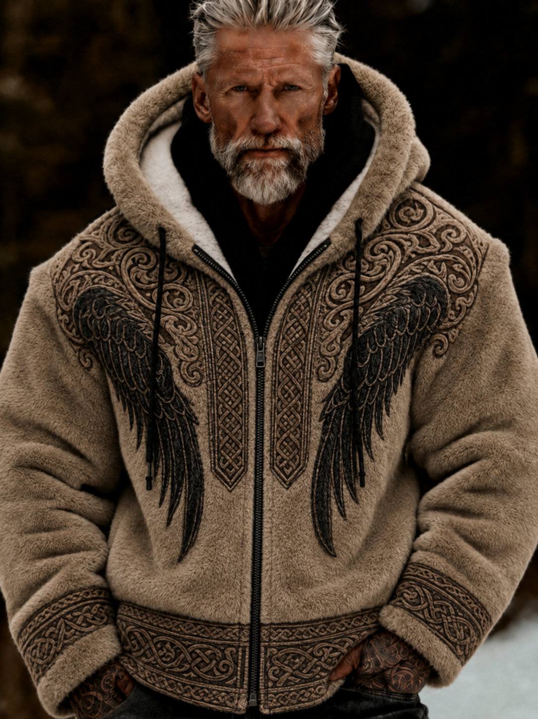 Herrlig viking- och keltiskt inspirerad plyschjacka med dragkedja och huva, mysig och varm