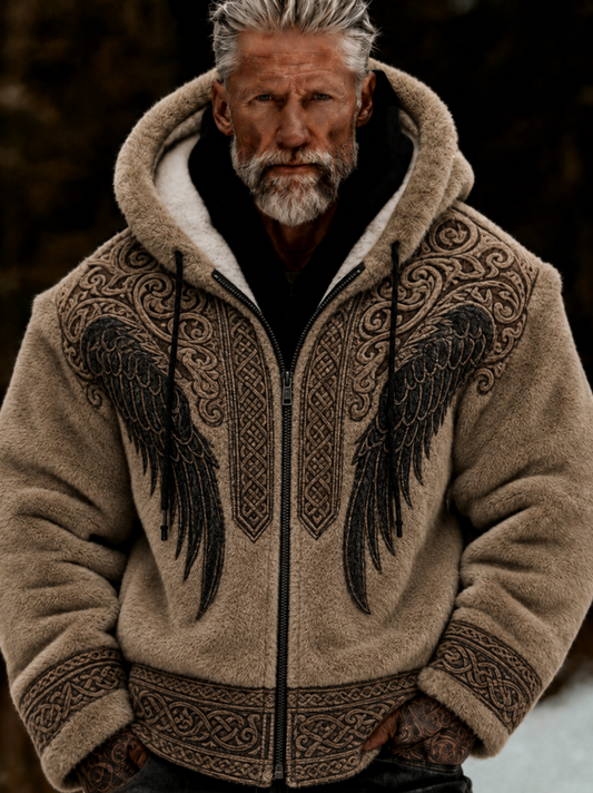 Herrlig viking- och keltiskt inspirerad plyschjacka med dragkedja och huva, mysig och varm