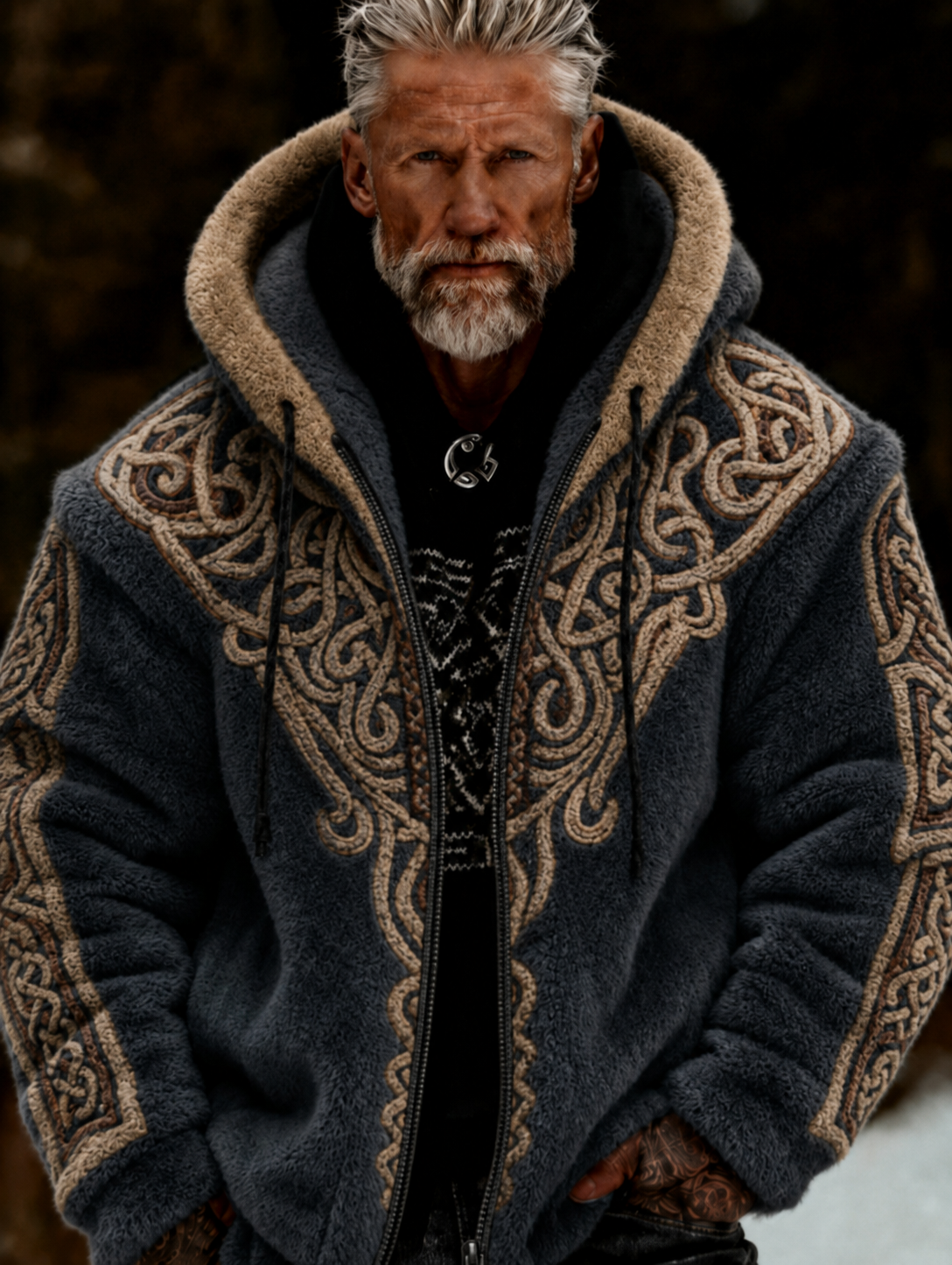 Mans Viking Livets Träd Keltiskt Stil Plysch Mysig Varm Fickjacka Med Dragkedja Och Huva