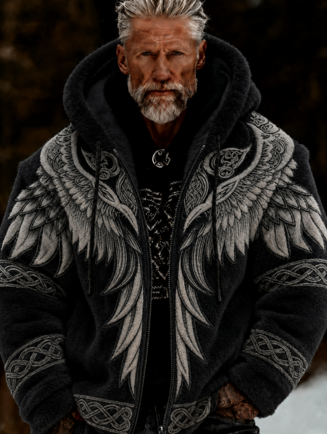Herrlig viking- och keltiskt inspirerad plyschjacka med dragkedja och huva, mysig och varm