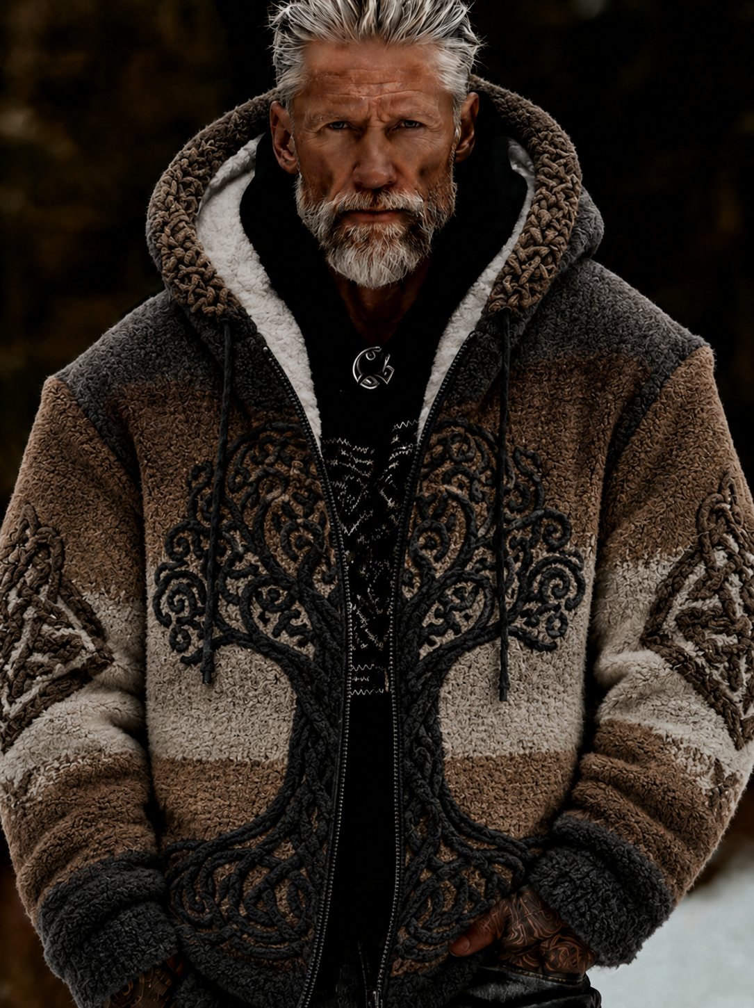 Mans Viking Livets Träd Keltiskt Stil Plysch Mysig Varm Fickjacka Med Dragkedja Och Huva