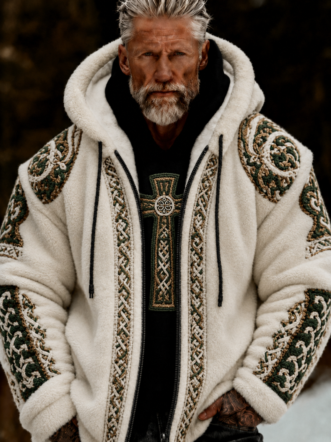 Herrlig viking- och keltiskt inspirerad plyschjacka med dragkedja och huva, mysig och varm
