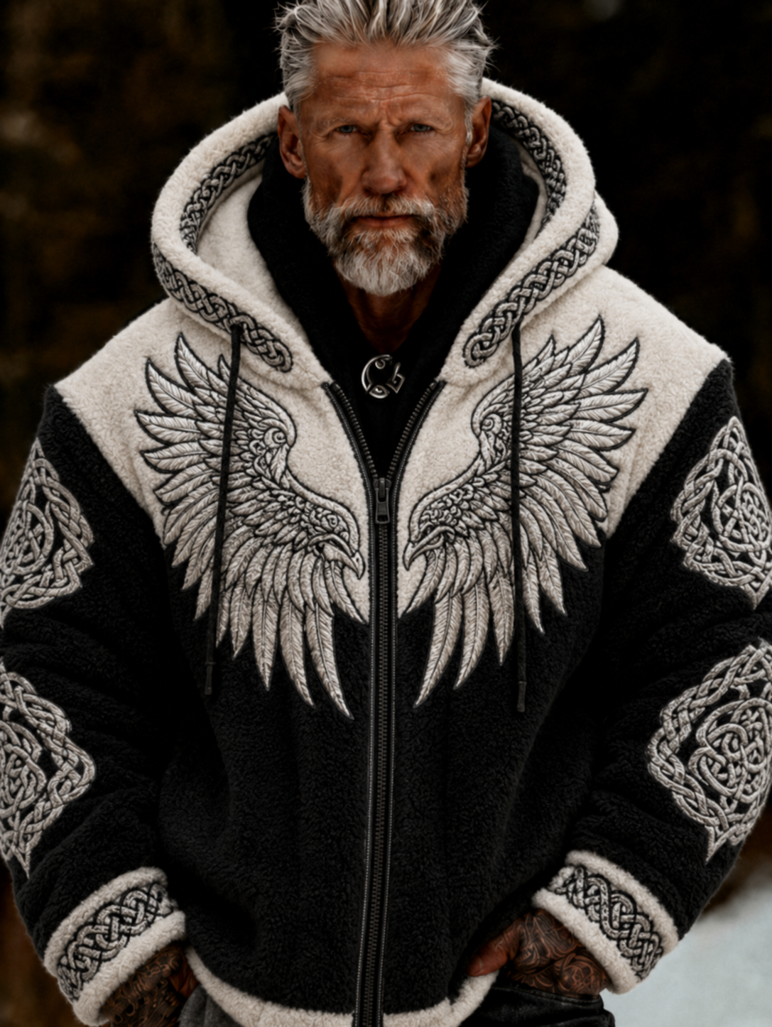 Herrlig viking- och keltiskt inspirerad plyschjacka med dragkedja och huva, mysig och varm